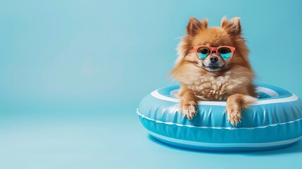 Cute pomeranian dog summer inside of an blue striped infltable ring going on vacations isolated on blue pastel background