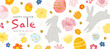 Happy Easter Sale, banner with cute bunnies, flowers and eggs. Vector illustration with hand drawn design elements, doodles