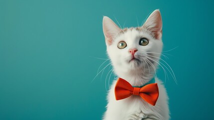 Wall Mural - Cute portrait of white furry cat in orange bowtie on turquoise chromakey background