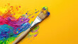 paintbrush with vibrant colors on its bristles is artistically splashing a spectrum of paint against a bright yellow background 