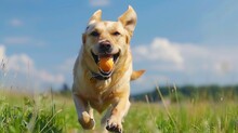 Dog With Ball In His Mouth Is Running Across The Meadow Against A Blue Sky As Background