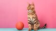 Football cat sits next to the ball on a colored background sports cat plays football