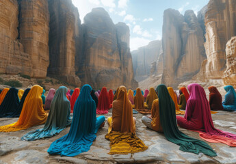 Wall Mural - women, outdoor and prayer with faith, religious and peace with compassion, unity and gratitude. sri 