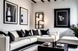 Blick in ein modernes Wohnzimmer mit abstrakten Bilder und einer Ledergarnitur - KI generiert