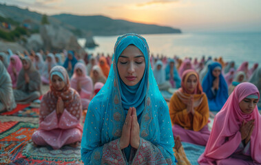 Wall Mural - muslim women, outdoor and praying with faith, religious and peace with hope or gratitude. eid prayer