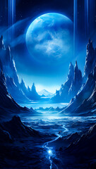 Wall Mural - Futuristic planet landscape with rocky terrain, glowing elements, and multiple planets in the night sky. A sci-fi scene perfect for space exploration and cosmic adventure wallpaper background