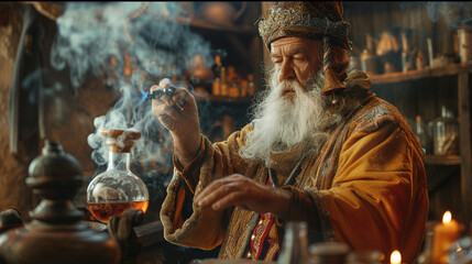 Wall Mural - A medieval magician and sorcerer prepares a smoky potion in his laboratory.