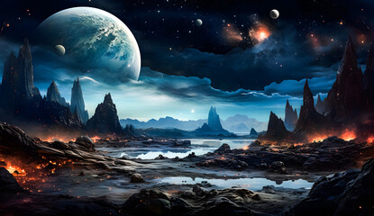 Wall Mural - Futuristic planet landscape with rocky terrain, glowing elements, and multiple planets in the night sky. A sci-fi scene perfect for space exploration and cosmic adventure wallpaper background