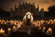 The sacrificial sheep eid adha mubarak is surrounded by candles with a palace background.  Domba Qurban idul adha for muslim