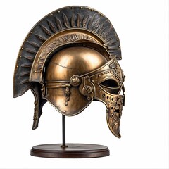 Carved wooden mask isolated on transparent background. Hoplite helmet of Greek Art objsect.