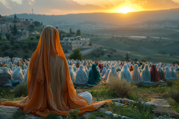 Wall Mural - indian women, outdoor and faith with prayer with guide, spiritual and peace with help and community.