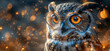   A painting of an owl wearing glasses with a blurred background of twinkling lights