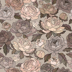 Wall Mural - Seamless pattern with beautiful peony flowers, beige color palette. Botany. Vector illustration of floral decoration for print.