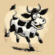 Funny cartoon cow with a quirky expression standing on a beige background 