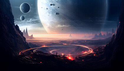 Wall Mural - Futuristic planet landscape with rocky terrain, glowing elements, and multiple planets in the night sky. A sci-fi scene perfect for space exploration and cosmic adventure wallpaper background