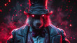   A tight shot of a person in a top hat and suit, with a rat possessing red-glowing eyes