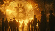 Bitcoin futuristic sculpture, silhouette people gathered around with golden glow and selective focus.