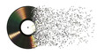 Iridescent vinyl disk crumbles into pixels. 3d illustration.