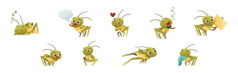 Poster - Cute Little Grasshopper Engaged in Various Activity Vector Set