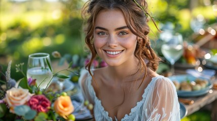 Sticker -   A woman holds a bouquet of flowers and a glass of wine while seated at the table