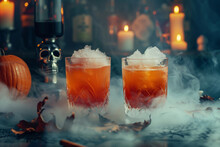 Two Glasses Of A Drink With Smoke Coming Out Of Them. The Drink Is Orange And Has A Frosty Look To It. The Glasses Are Placed On A Table With Some Pumpkins And Pine Cones