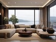 Interior of modern living room with sea view, sofa and coffee table