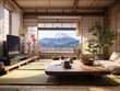 Japanese-style living room with view of Mount Fuji.