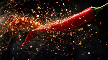   A red chili pepper, confettied, sits against a black backdrop with wafting smoke