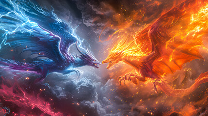 Wall Mural - 3d illustration Dragon War, epic battle between fire dragon and lightning dragon. concept art, 3D rendering