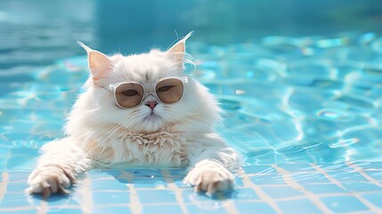 Persian cat by the pool for summer in googles