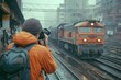 A dedicated train enthusiast capturing the perfect shot of a passing locomotive, camera poised