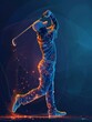 Golf player in action made of polygon Al neon network, blue and orange tones, on dark blue background