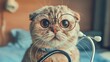 Portrait of a cute scottish fold cat wearing stethoscope and glasses and looking