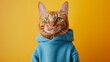 Portrait of a ginger cat with green eyes wearing in a blue sweatshirt on the yellow background