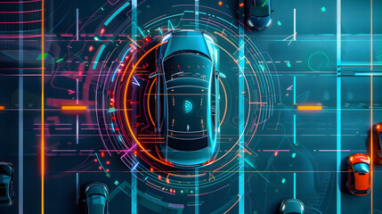 Wall Mural - in future, autonomous smart car will scan the road for hazards. iot concept in autonomous self-drivi