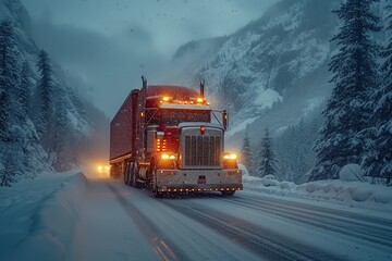 A semi-truck navigating a treacherous mountain pass during a winter storm, snow swirling around the cab, and tire chains gripping icy roads