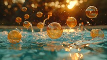   A Collection Of Soap Bubbles Drifting In A Water Pool, With Sunlight Filtering Through The Tree Background