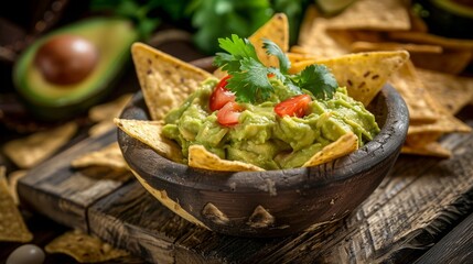 Wall Mural - Guacamole avocado mash dip with tortilla chips and fresh avocados. Copy space image. Place for adding text or design