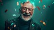 Happy laughing senior man grandad grandfather grandpa with glasses and falling confetti on teal blue background. Modern old guy with smile celebrating at party. Generative AI.