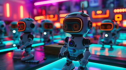 Wall Mural - Cute robots in a 3D futuristic classroom, engaging in interactive holographic learning modules under neon lights