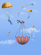 While many around him float into retirement with a golden parachute, one guy has a fast falling brick parachute. 3-d illustration about retirement planning.