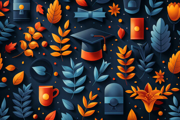 Wall Mural - Graduation concept with autumn leaves and educational icons, suitable for academic achievements.