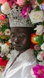 black woman with very dark skin wearing a silver bedazzled crown, white clothes, collage with stunning vibrant flowers, editorial shoot