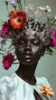 black woman with very dark skin wearing a silver bedazzled crown, white clothes, collage with stunning vibrant flowers, editorial shoot