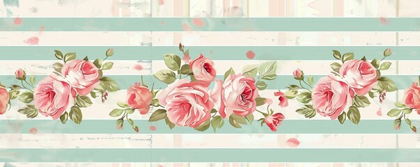 Wall Mural - pink roses with leaves on horizontal sky blue and white stripes vintage background