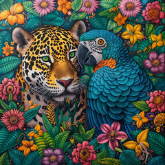 Wall Mural - Brazilian fauna and flora, two characters, a jaguar and a blue macaw covered in flowers by harryfinney, bold manga lines, in the style of portraits