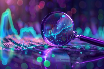 A magnifying glass over digital data, with glowing lines representing financial charts and graphs in the background Generative AI