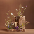 Product display brown background with wildflowers grow on pieces of rock