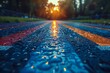 Wet running track with sunlight reflections and trees