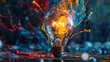 Close-up of a lightbulb as it illuminates, igniting an explosion of vibrant paint, symbolizing a eureka moment in clarity